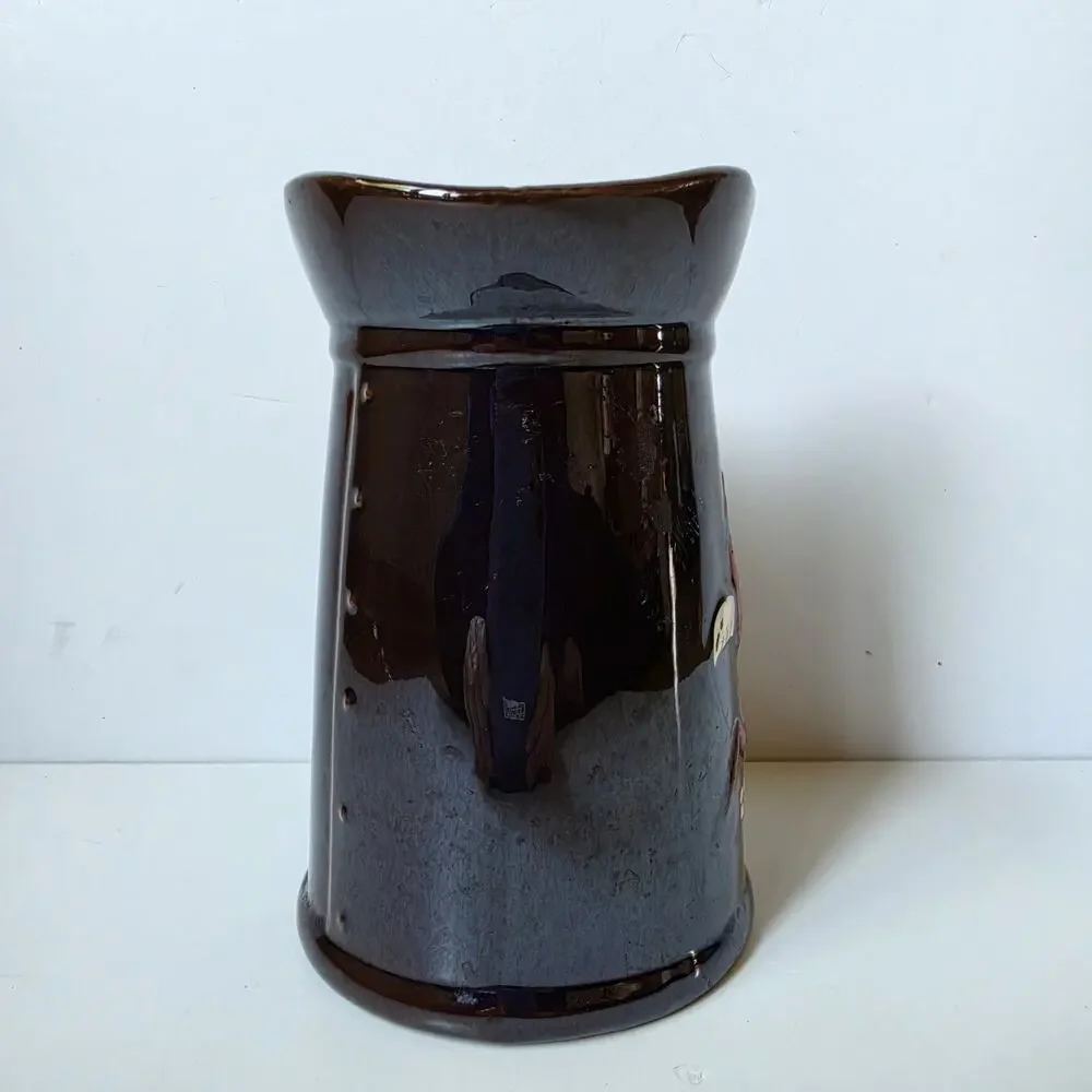 Vintage Pitcher Hand Painted Rooster On Roof Batter Breakfast Brown Farm Decor